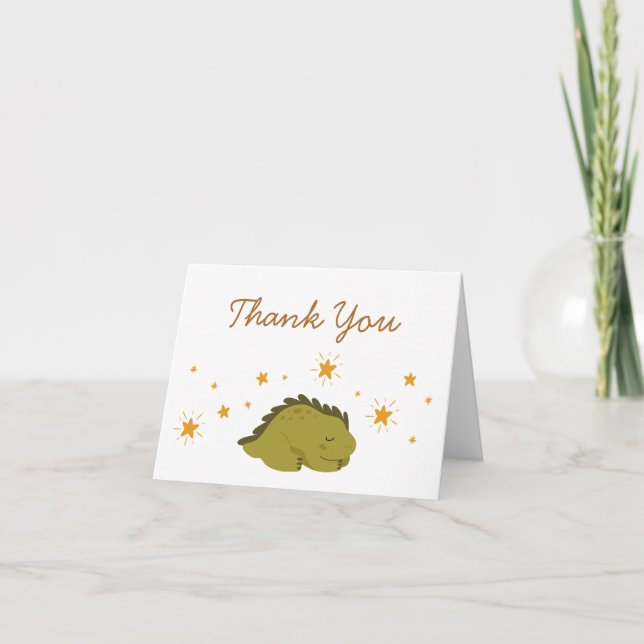 Carte De Remerciements Dinosaure vert mignon avec Baby shower des étoiles (Devant)