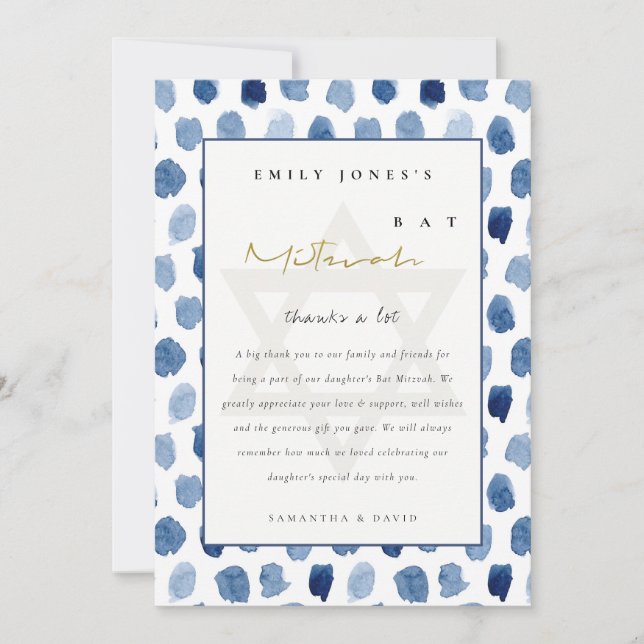 CARTE DE REMERCIEMENTS DOIGTS D'EAU D'INDIGO BLEU GOLD BAT BAR MITZVAH (Devant)