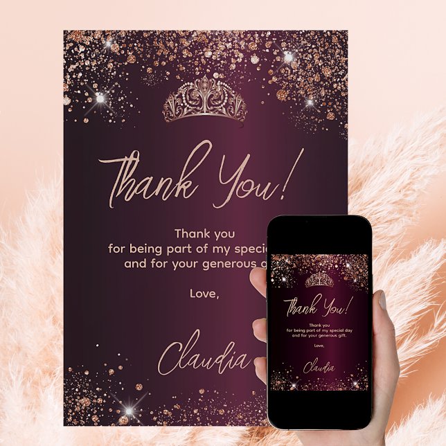 Carte de remerciements d'or rose de Quinceanera (Créateur téléchargé)