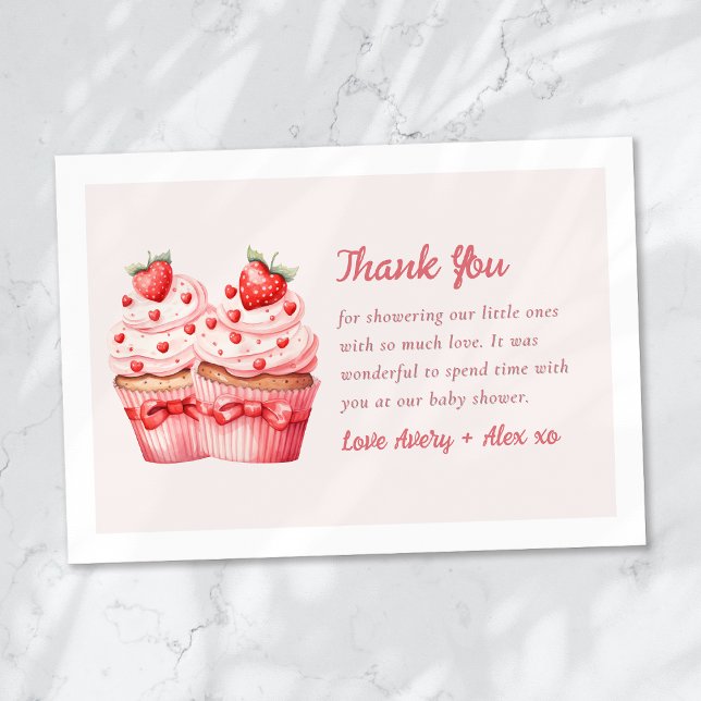 Carte De Remerciements Double le Baby shower jumeau Love Pink Cupcake (Créateur téléchargé)