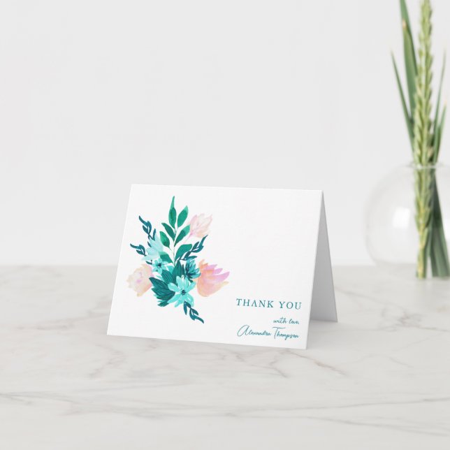 Carte De Remerciements Douce Baby Shower Florale à l'Aquarelle Bleu Turqu (Devant)