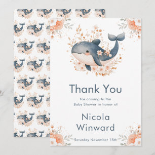 Carte De Remerciements Douce Baleine Florale pour Baby Shower 