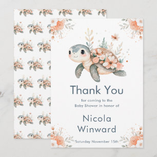 Carte De Remerciements Douce Fête de Naissance Tortue Florale