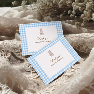 Carte De Remerciements Douce Ourse Bleu Gingham Baptême Bébé Aquarelle