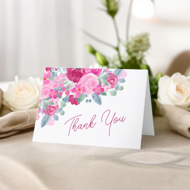 Carte De Remerciements Douce pluie de mariage floral rose prune gras aqua (Bold pink plum floral watercolor bridal shower thank you card)