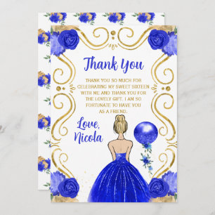Carte De Remerciements Douce Princesse Blonde de Seize Ans en Bleu Royal 