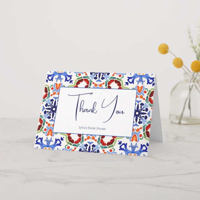 Carte De Remerciements Douce soirée de mariage avec des carreaux mexicain (Recto)