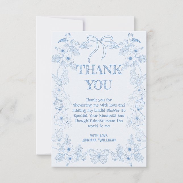 Carte De Remerciements Douce Toile De Jouy Fête Prénuptiale Bleue (Devant)