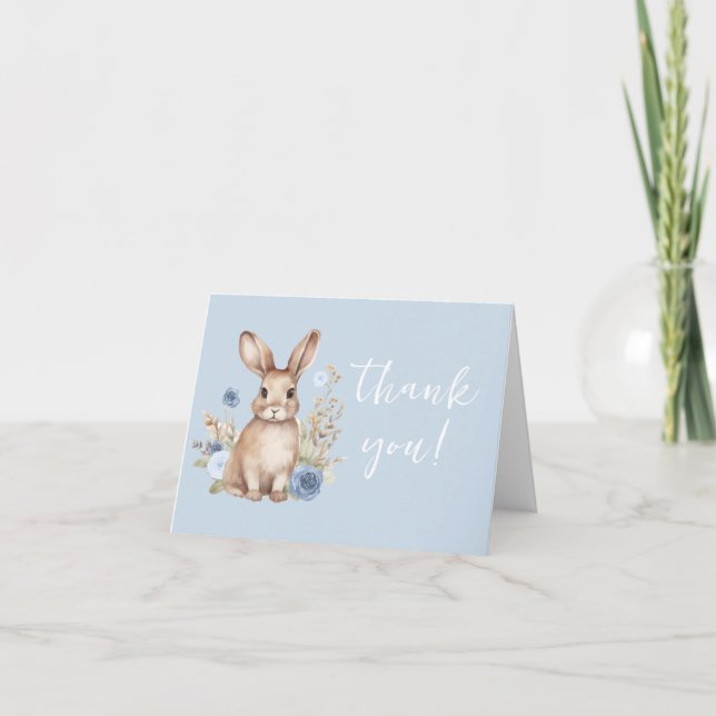 Carte De Remerciements Douche bébé bohème bleu lapin mignonne (Devant)