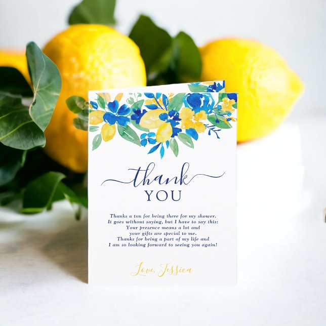 Carte De Remerciements Douche de mariage à l'aquarelle florale aux citron (Blue yellow lemons floral watercolor bridal shower thank you card)