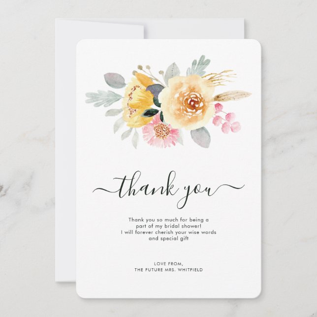 Carte De Remerciements Douche de Mariage Élégante à l'Aquarelle Florale (Devant)