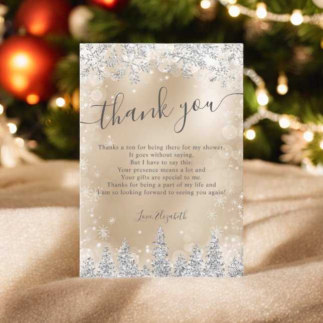Carte De Remerciements Douche d'hiver de la nappe d'or en argent (Silver gold foil snow pine winter bridal shower thank you card)