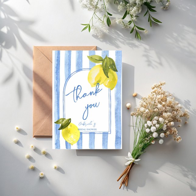 Carte De Remerciements Douche nuptiale à rayures bleues (Handrawn blue stripes lemons la dolce vita Italian bridal shower thank you cards)