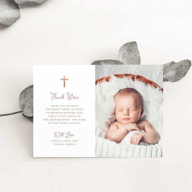 Carte De Remerciements Doux et simple | Photo Baptême Rose Gold (Créateur téléchargé)