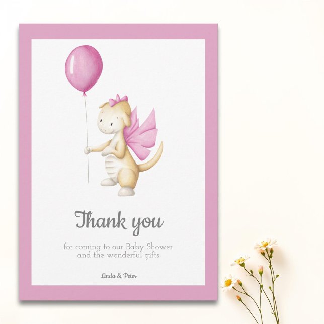 Carte De Remerciements Dragon Bébé Rose avec Baby shower Fille Balloon (Créateur téléchargé)