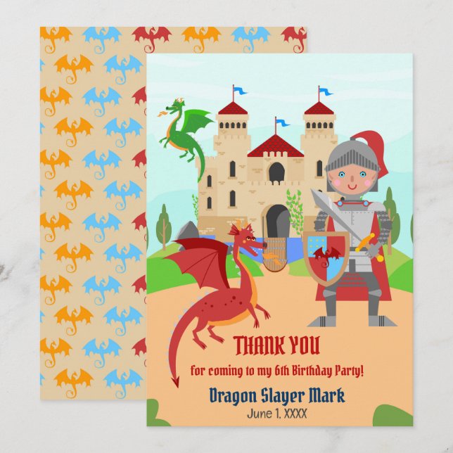 Carte De Remerciements Dragon Slayer Knight Boy fête d'anniversaire (Devant / Derrière)