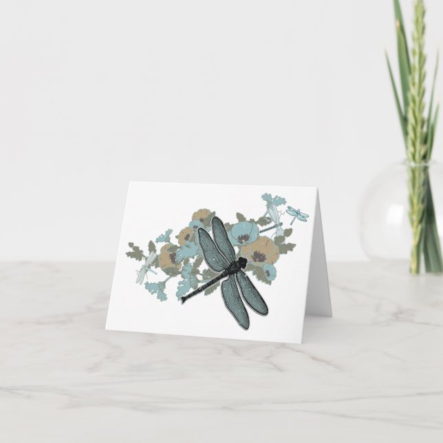 Carte De Remerciements Dragonfly Chic Fleurs élégantes Blues Gris Or (Devant)