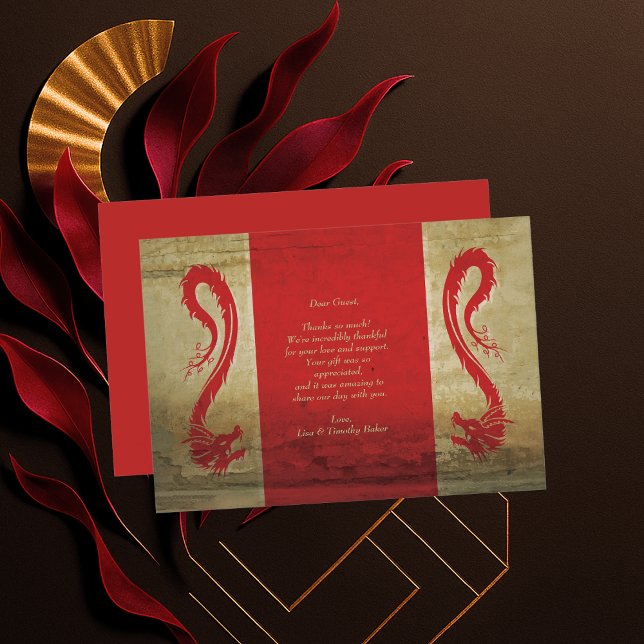 Carte De Remerciements Dragons rouge et or Asiatique Mariage à thème (Red and Gold Dragons Asian Themed Wedding Thank You Card)