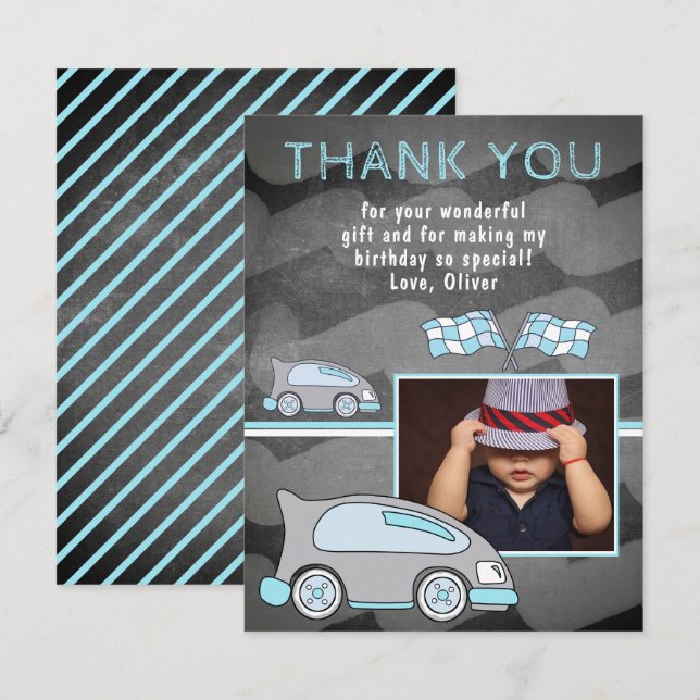 Carte De Remerciements Drapeau de voiture de course Chalkboard photo Anni (Devant / Derrière)