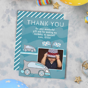 Carte De Remerciements Drapeaux d'arrivée de voiture de course Blue Boy P