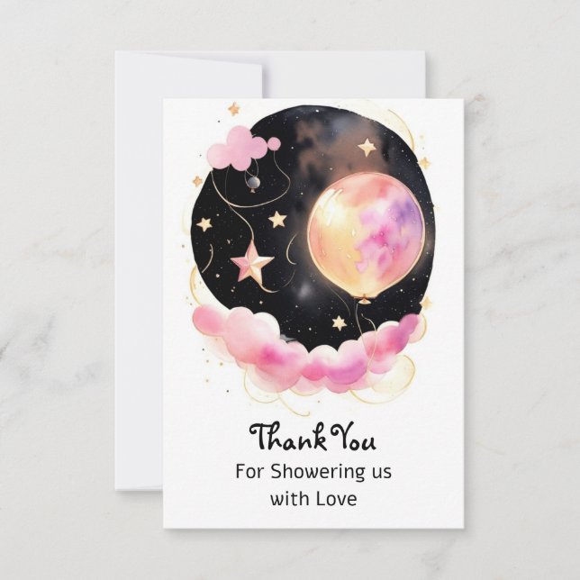 Carte De Remerciements Dreamy Baby shower aquarelle : Lune et étoiles (Devant)