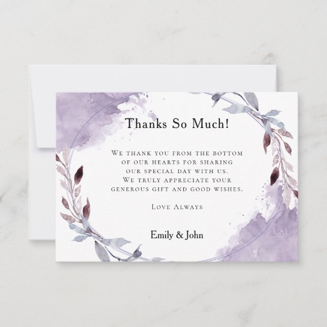 Carte De Remerciements Dreamy Lilac Grey Aquarelles feuillues/Mariage pho (Devant)