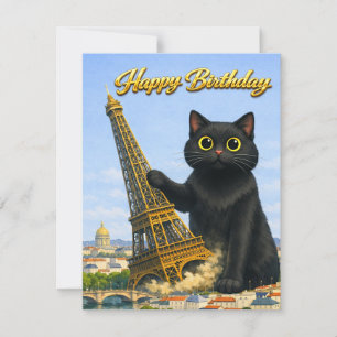 Carte De Remerciements Drôle Chat Noir Renverse la Tour Eiffel Anniversai