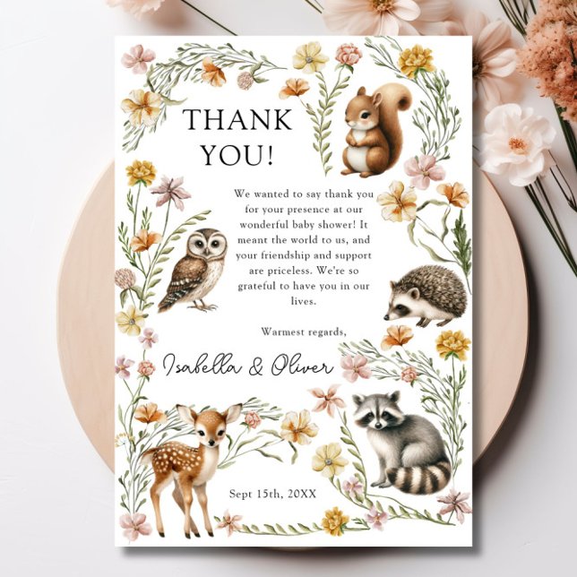 Carte de remerciements du Baby shower des animaux  (Woodland Forest Animals Baby Shower Thank You Card)
