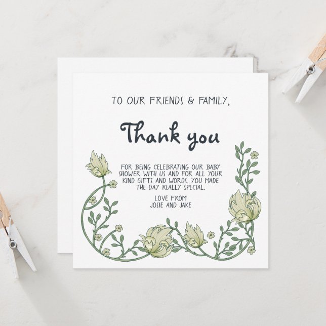 Carte de remerciements du baby shower frontalier f (Devant/Arrière en situation)