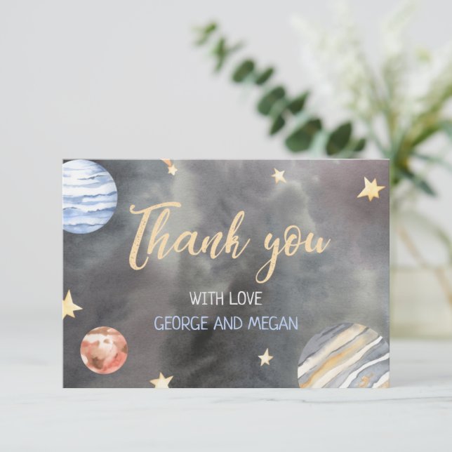 Carte de remerciements du Baby shower spatial (Debout devant)