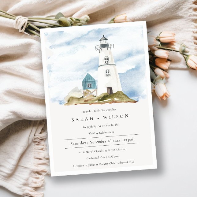 Carte De Remerciements Dusky Aqua Blue Lighthouse Mountain Wedding Invita (Créateur téléchargé)