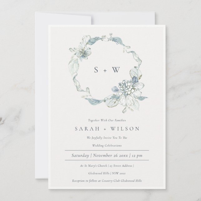 Carte De Remerciements Dusky Blue Floral Wreath Monogramme Mariage Invite (Devant)
