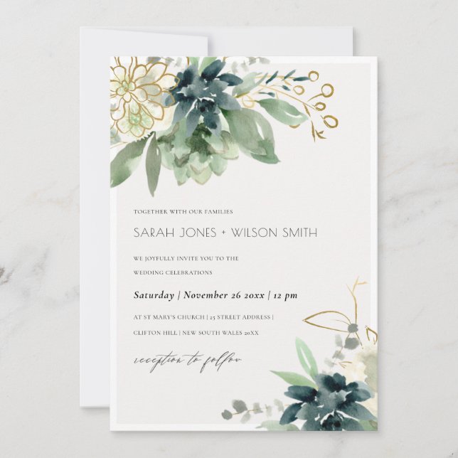 Carte De Remerciements Dusky Blue Green Succulent Foliage Mariage Inviter (Devant)
