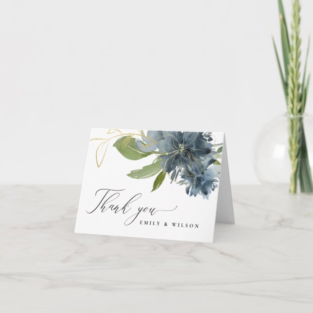 CARTE DE REMERCIEMENTS DUSKY BLUE OR VERT MARIAGE D'EAU FLORALE (Devant)