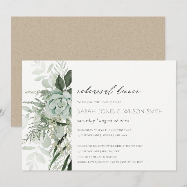 Carte De Remerciements Dusky Leafy Fern Dîner de répétition Succulent Inv (Devant / Derrière)