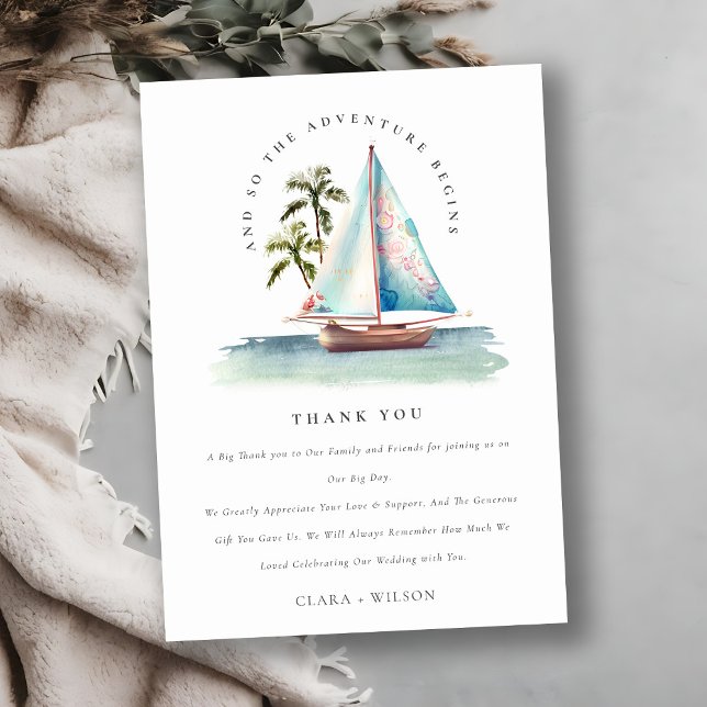 Carte De Remerciements Dusky Turquoise Sailboat Palm Fête des mariées de  (Créateur téléchargé)