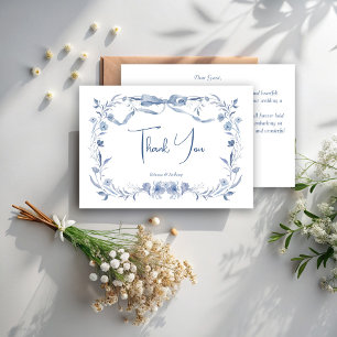 Carte De Remerciements Dusty bleu floral vert ruban élégant mariage