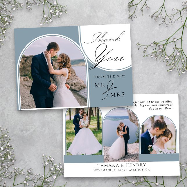 Carte De Remerciements Dusty Blue 4 Arched Photo Mariage Calligraphie (Wedding Photo Thank You card from my Wedding Colors Collection)