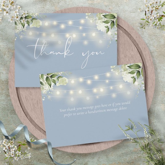 Carte De Remerciements Dusty Blue Floral Greenery String Lights (Dusty Blue Floral Greenery String Lights Thank You Card)