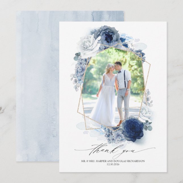 Carte De Remerciements Dusty Blue Floral Mariage photo (Devant / Derrière)