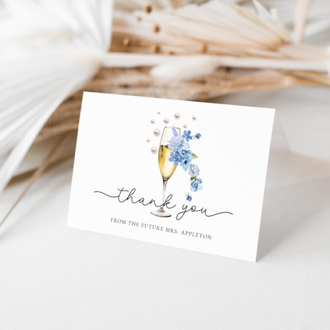 Carte De Remerciements Dusty Blue Floral Pearls & Prosecco Fête des marié (Créateur téléchargé)