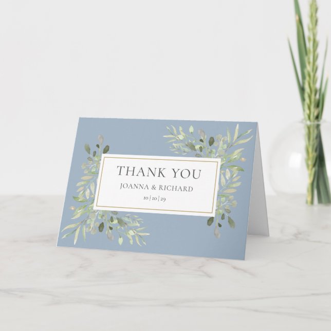 Carte De Remerciements Dusty Blue Greenery Floral Photo Mariage (Devant)