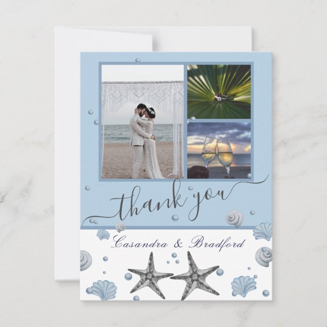 Carte De Remerciements Dusty Blue Grey Starfish Shells 3 photo collage (Devant)