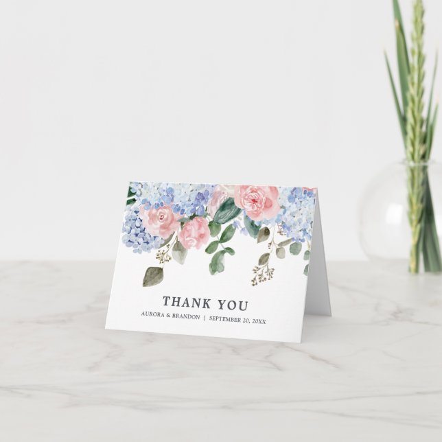 Carte De Remerciements Dusty blue hydrangeas rose anniversaire mariage (Devant)