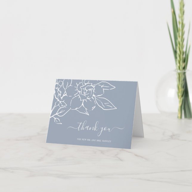Carte De Remerciements Dusty Blue Line Art Floral Mariage élégant (Devant)