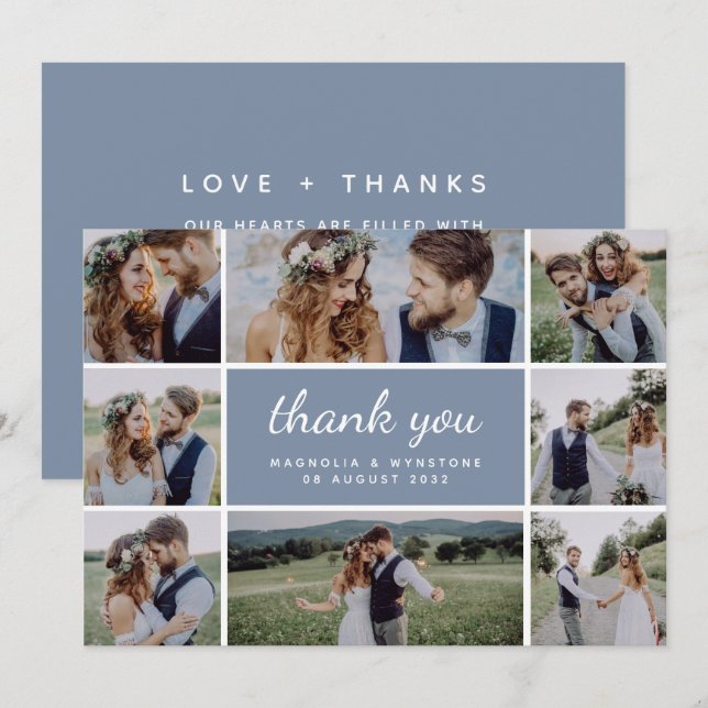 Carte De Remerciements Dusty Blue Modern Photo Collage Mariage (Devant / Derrière)