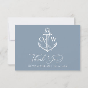 Carte De Remerciements Dusty Blue Monogram Ancre Mariage nautique