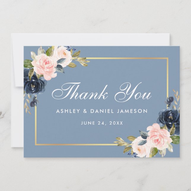 Carte De Remerciements Dusty Blue Rose Blush Floral Mariage or (Devant)