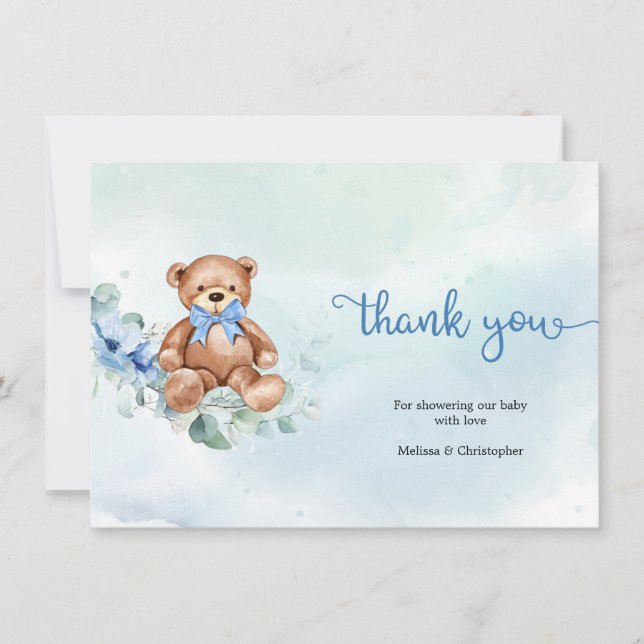 Carte De Remerciements Dusty Blue Roses et Teddy Bear Baby shower (Devant)