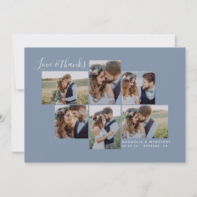 Carte De Remerciements Dusty Blue Simple Photo Collage Mariage (Devant)